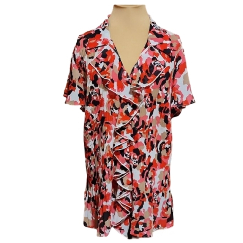 Fashion‎ Bug Abstract Floral Ruffle Front Plissé Blouse Red Pink Black Plus 1X
